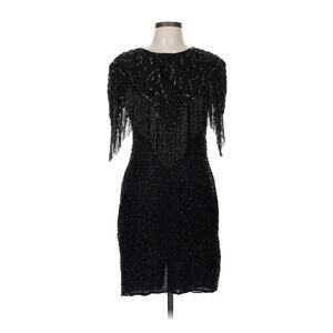 VTG Night Vouge Black Fringe Sequin Silk Short Sleeve Dress M NYE Flapper